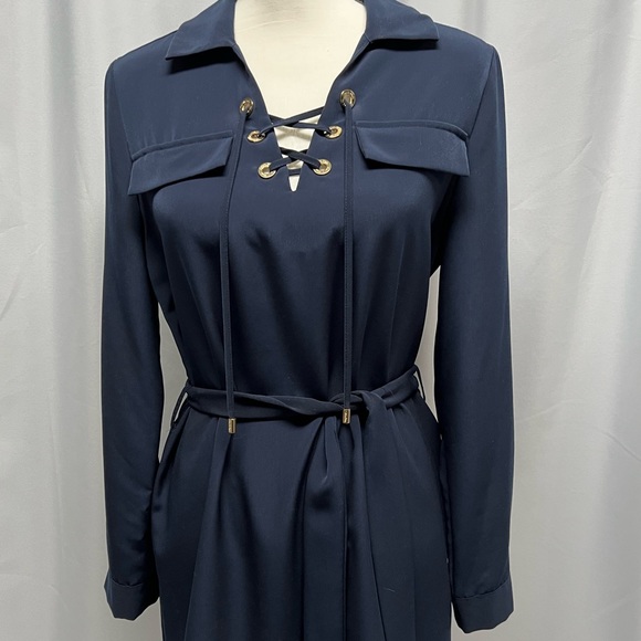 Calvin Klein Navy Blue Lace-Up Belted Shirt Dress Size 8 - Picture 6 of 12